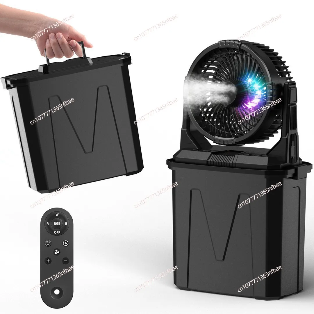 

Camping Mist Fan with RGB Light – 10L Water Tank, Remote Control, Long Endurance, Portable Spray Cooling Fan
