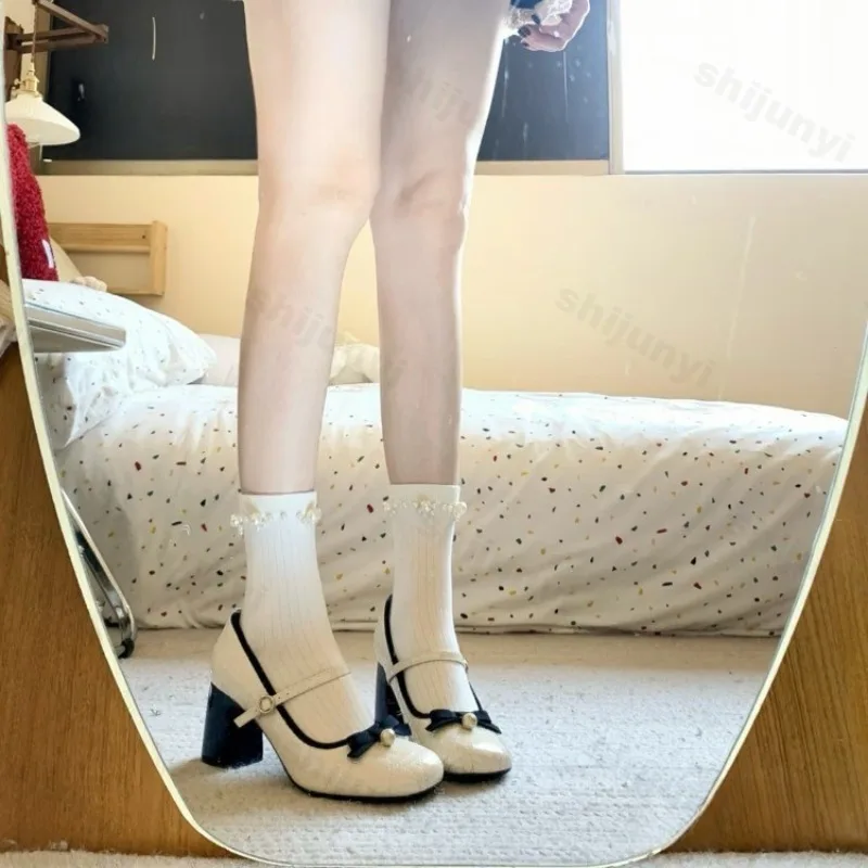 

Женские туфли-лодочки, весна-осень 2023, новая мода, удобные туфли на высоком массивном каблуке, элегантные туфли Мэри Джейн с бантом и жемчугом