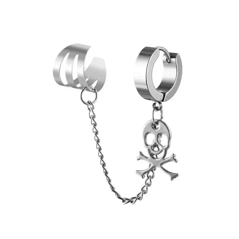 1PC Stainless Steel Cross Skull Star Pendant Ear Clip Earring for Men Women Punk Silver Color Tassel Chain Hoop Earrings Jewelry