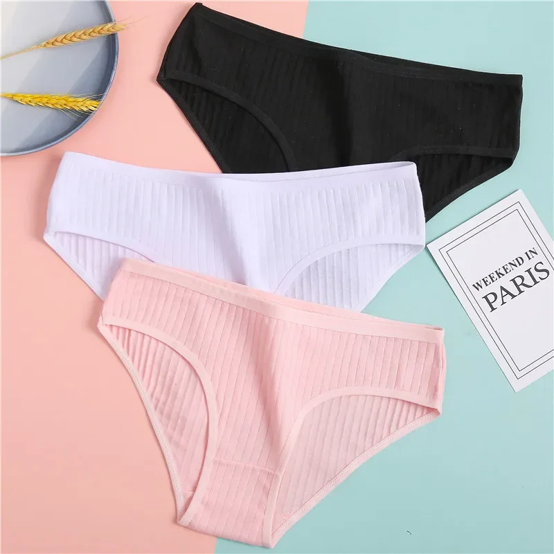 3Pcs/Set Women Cotton Panties Sexy Low Waist Underwear Girls Breathable Briefs Female M-XL Solid Color Stripe Intimates Lingerie