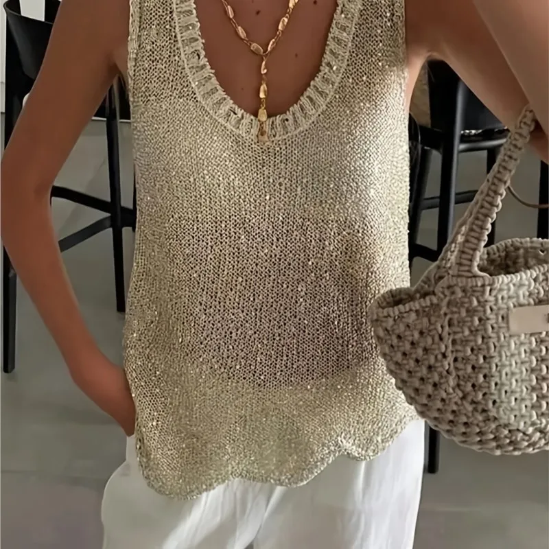 New Frauen Bekleidung Sleeveless Suspender Hollow Loose Vest Top Womens Versatile New Elegant Knitted Summer Sexy V-neck T-shirt