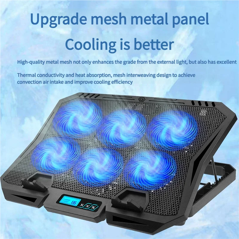 X6A high-speed 6-fan metal laptop radiator, silent cooling pad, with adjustable bracket, 16-inch OEM hot-selling product