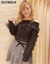 Autumn Winter New Cute Girl Versatile Sweater Japanese Mine Off-the-shoulder Sweet Suspender Lace Sexy and Thin Knitted Pullover