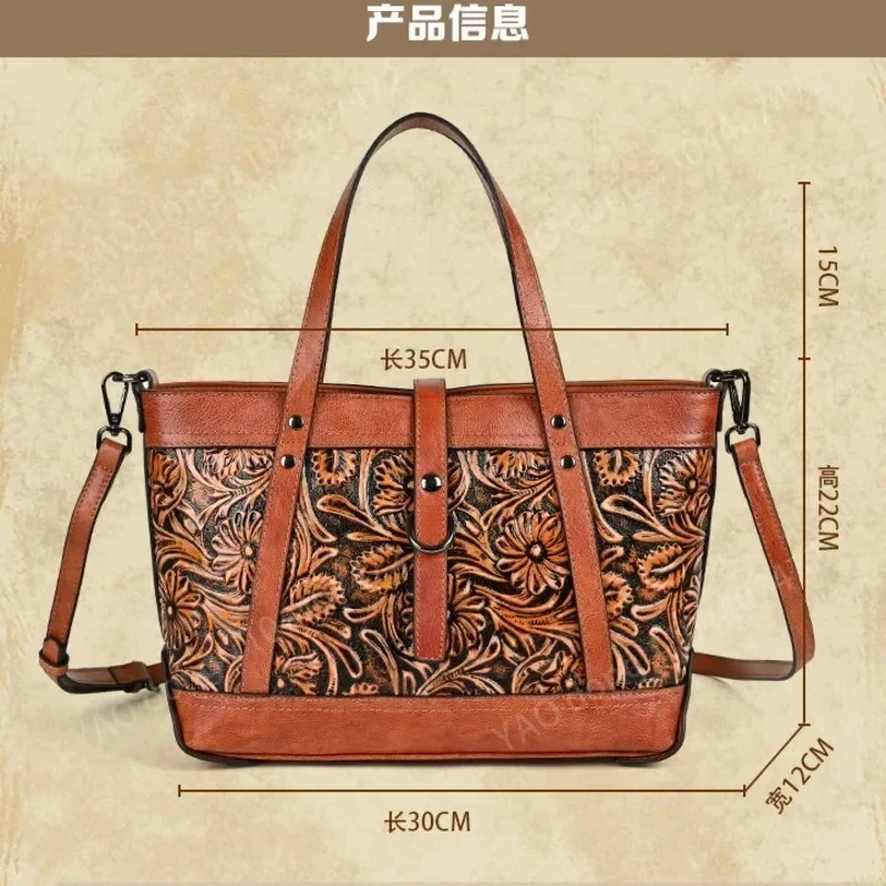 Yao Dong 2024 nuevos bolsos de gran capacidad para mujer de cuero genuino tallado a mano bolso Vintage para mujer bolsos de hombro hechos a mano