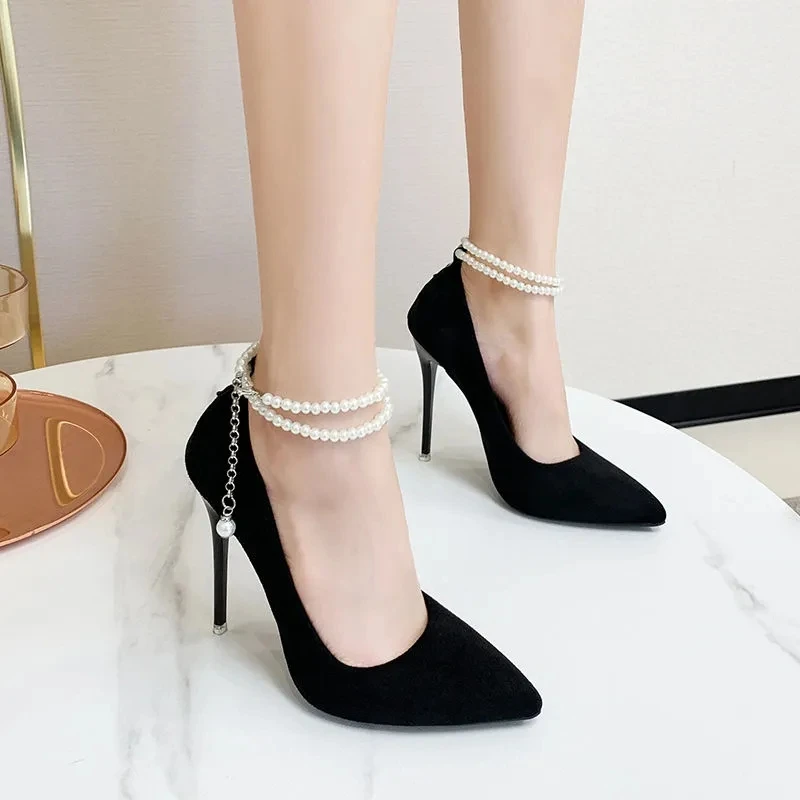 Long Pearl Bead Chain Heels Women Shoes 12cm Thin Stiletto Wedding Sexy Pointed Toe Patent Leather Party Shoes  35-45 Plus Siz