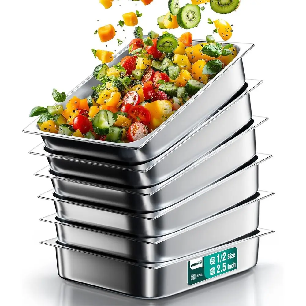 

Half-Size 2.5 Deep Stainless Steel Hotel Pans, 6-Pack, Food Storage Containers for Restaurant Buffets and Catering