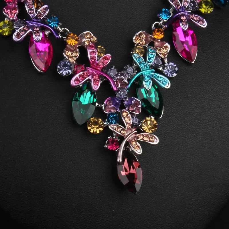 

Luxury Multi Colorful Crystal Dragonfly Bridal Jewelry Sets Necklace Earrings Women Party Rhinestones Gift Wedding Accessories