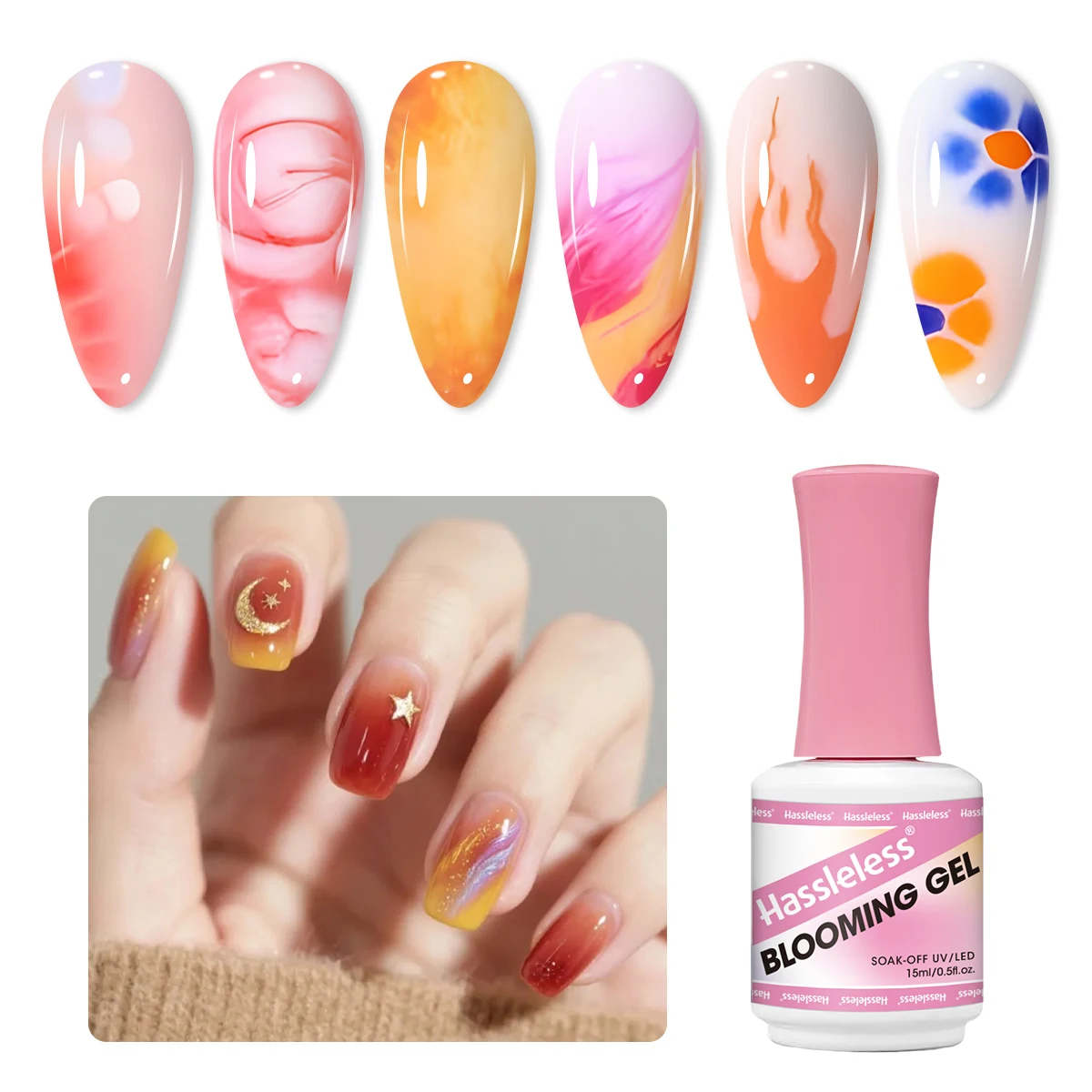 Hassleless 15ml clear gradient flower effect nail polish, soaked and blended with UV gel polish, can create an ink painting styl image 2