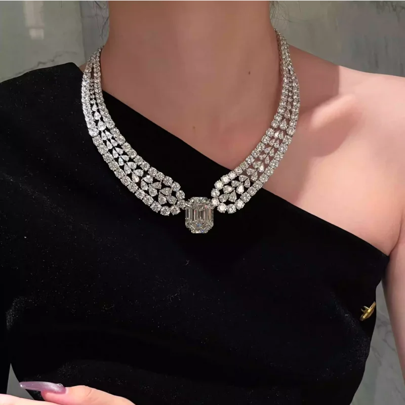 Cameo 925 Silver White Plated Gold Luxury Necklace Sparkling Multi-Cut Zircon Collar Necklace High-End Party Wedding Jewelry