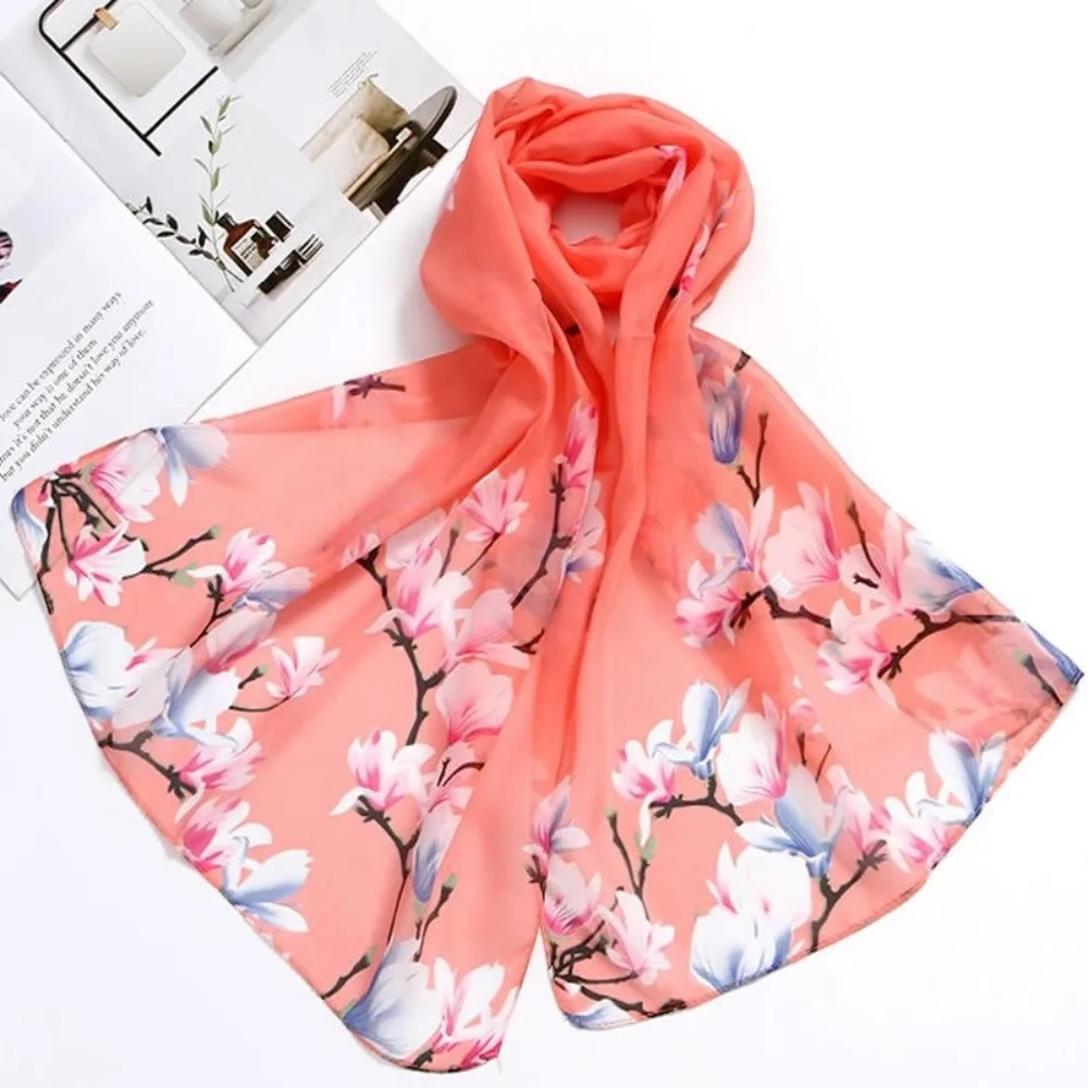 Summer Thin Chiffon Scarf UV Protection Soft Floral Printed Hijab Floral Print Long Head Wraps