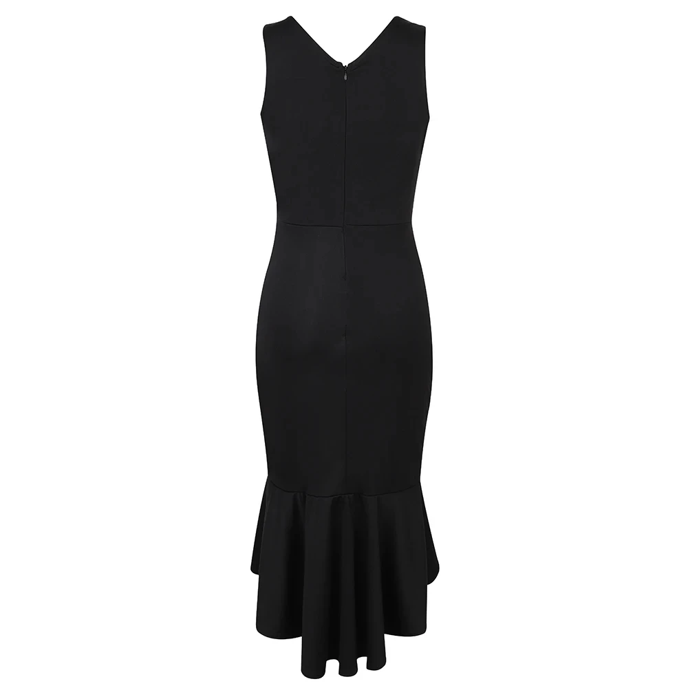 Vestido corto sexy negro para mujer, cuello en V, sin mangas, con volantes, cintura alta, vestidos de fiesta ajustados