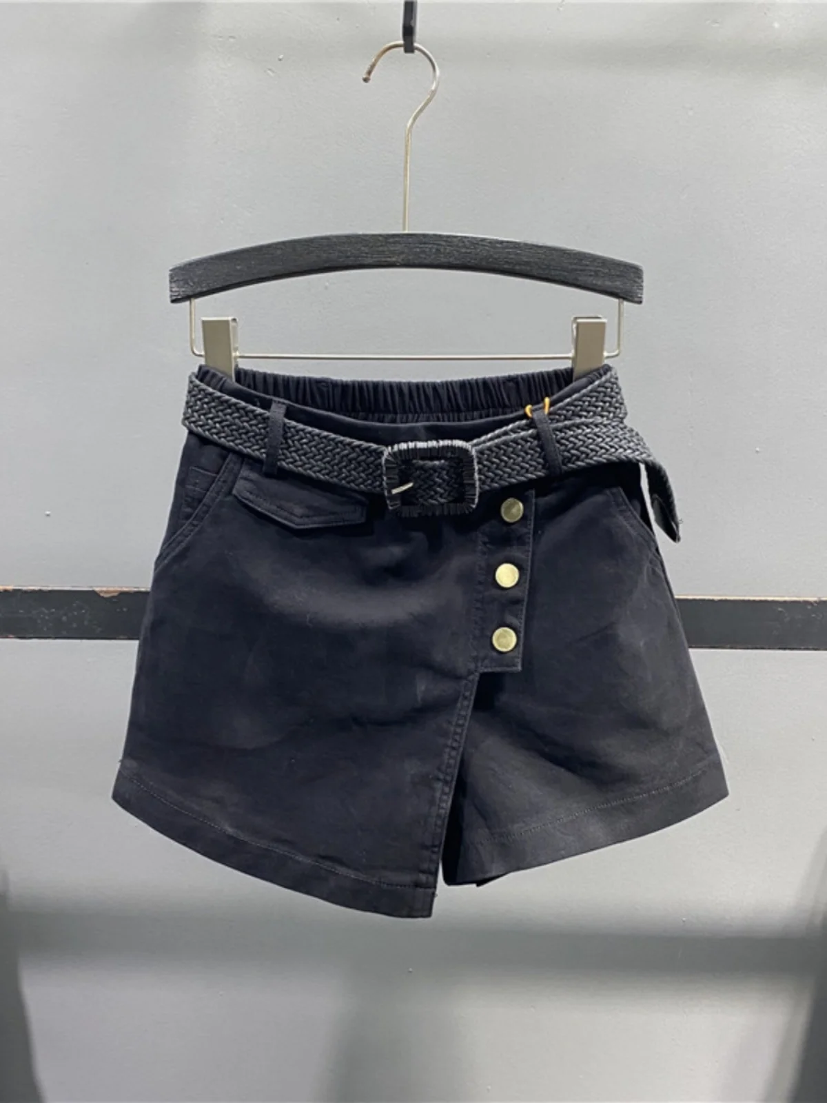 Khaki Black Denim Skirts Women Irregular High Elastic Waist A Line Jeans Mini Skirts Street Casual Vintage Slim Shorts With Belt