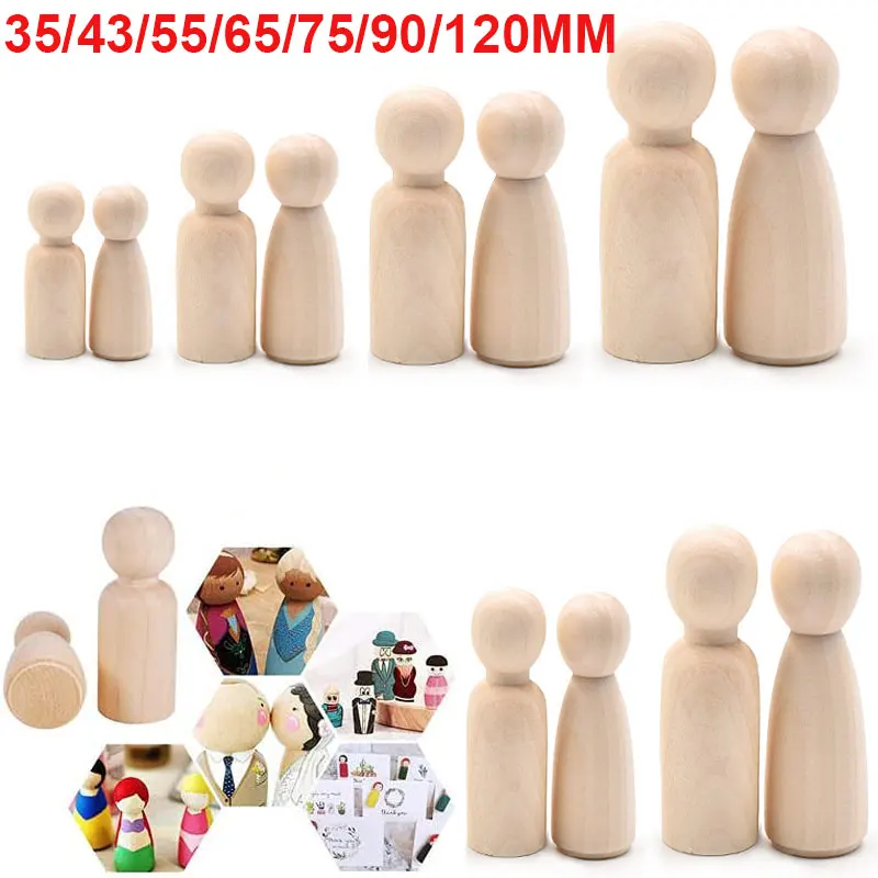 1-10 sztuk niedokończone drewniane lalki Peg drewniane figurki wystrój Peg lalki ludzie dla dzieci sztuka DIY malarstwo ręczne Home Decor 35-90MM