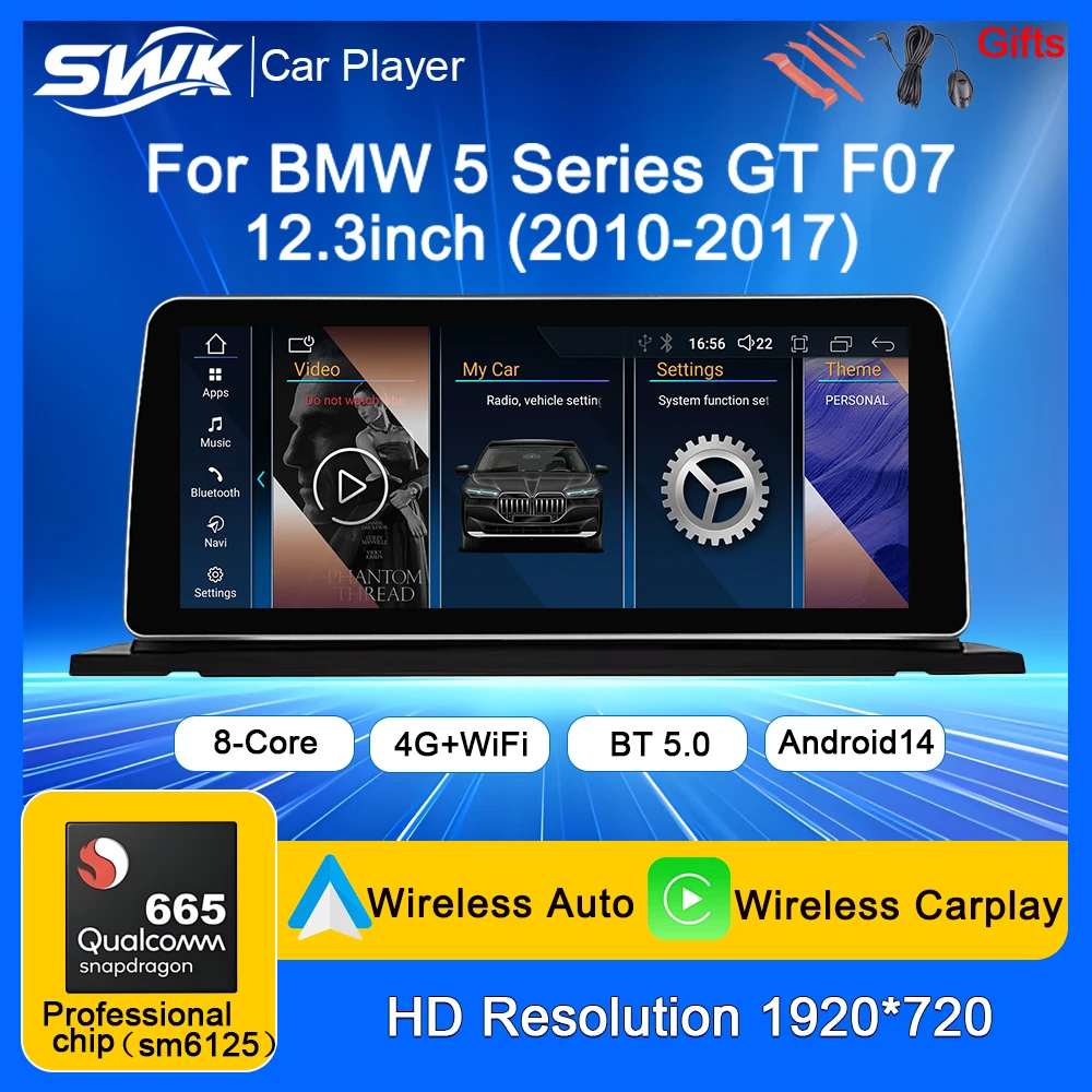 Чип Qualcomm Snapdragon 665 для BMW 5 серии GT F07 2010-2017, автомобильный мультимедийный плеер 12,3 дюйма, Android14, Wi-Fi, GPS, беспроводной Carplay