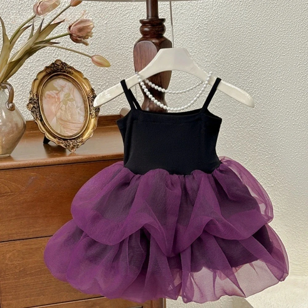 

Summer New Purple Fashion Baby Girls Dresses Princess Mesh Splicing Sleeveless Strap Mini Dress Korean Version
