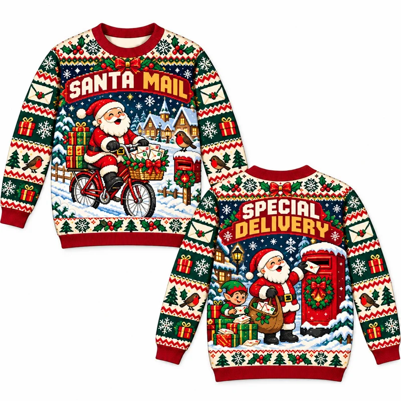 Funny Ugly Christmas Sweater Men Santa Mail Delivery Level Up Jingle Game Wave Space Print Crewneck Long Sleeve Holiday Pullover