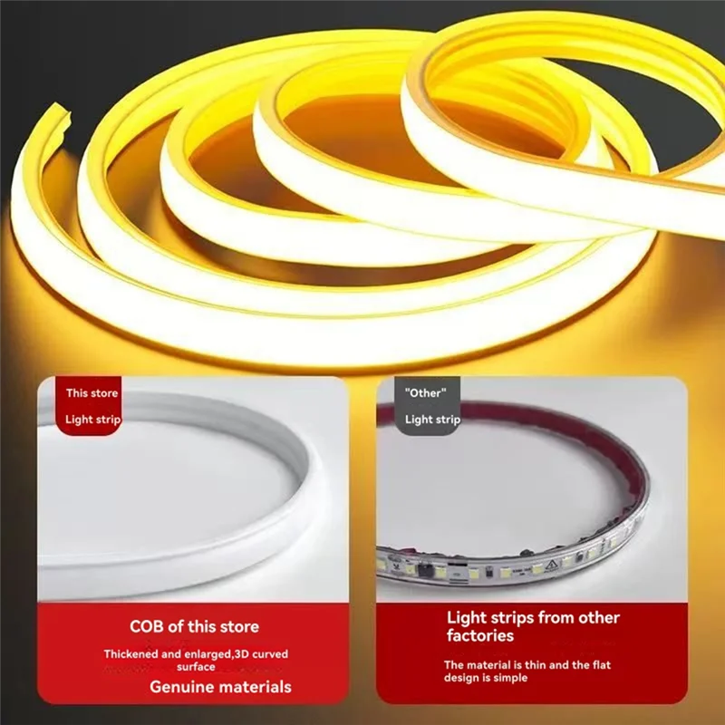 ABBO-EU-Stecker-kompatibler 5 m flexibler COB-Lichtstreifen, 220 V, superhelles, selbstklebendes lineares Licht für den Außenbereich, 240 Lichter pro Mete