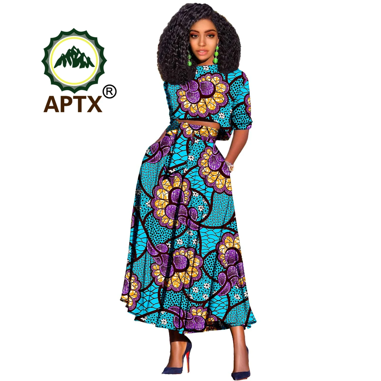 Women's Skirt Suits African Print Short Sleeve Top and Long Skirt 2 Piece Set Matching Belt Dashiki Women Outfit S2126011