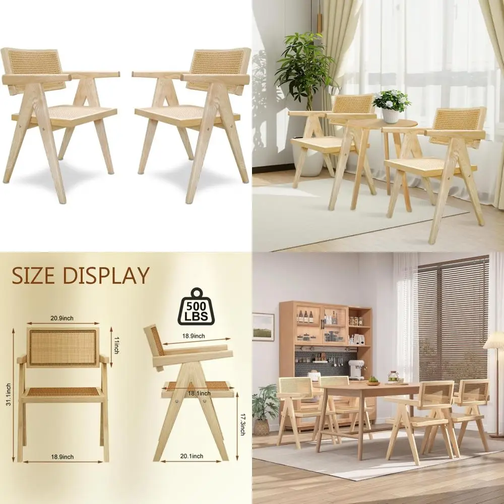 

Set of 2 Rattan Dining Chairs: Solid Wood Armchairs with Cane Seats for Comfortable Outdoor Use