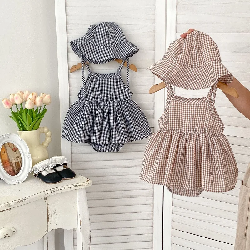 

INS Summer Baby Girl Skirted Romper 0-3Years Toddler Princess Sleeveless Strap Skirted Bodysuit Hat 2PCS Outfits Sunsuit Clothes