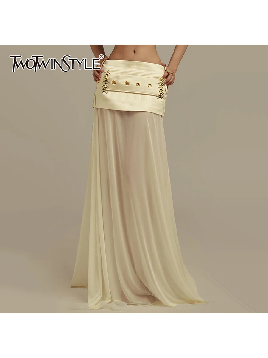 TWOTWINSTYLE Elegant Spliced Sequined Long Skirts for Women High Waist Patchwork Belt Temperament Skirt Female Fashion Clothing