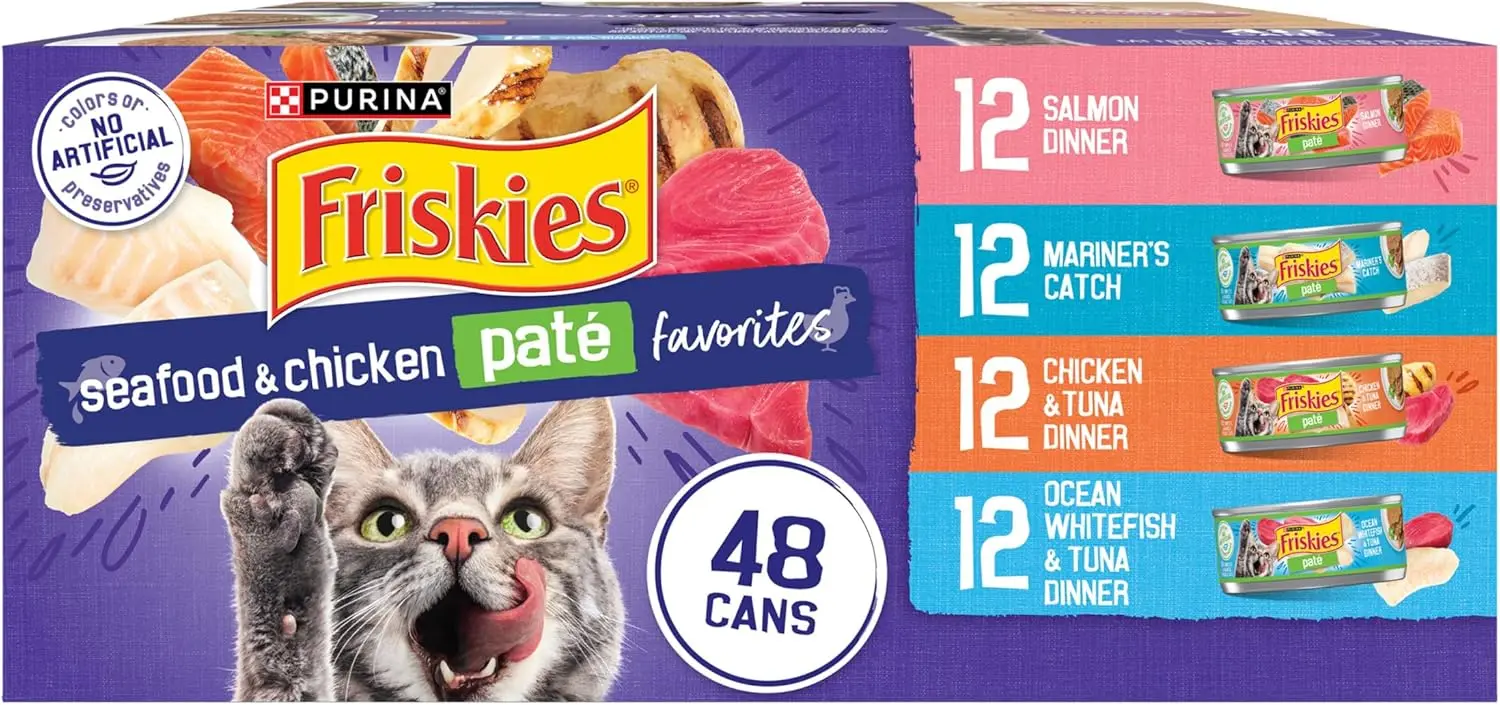 

Влажный корм для кошек Friskies Pate, ассорти: паштеты с морепродуктами и курицей - 48 банок.