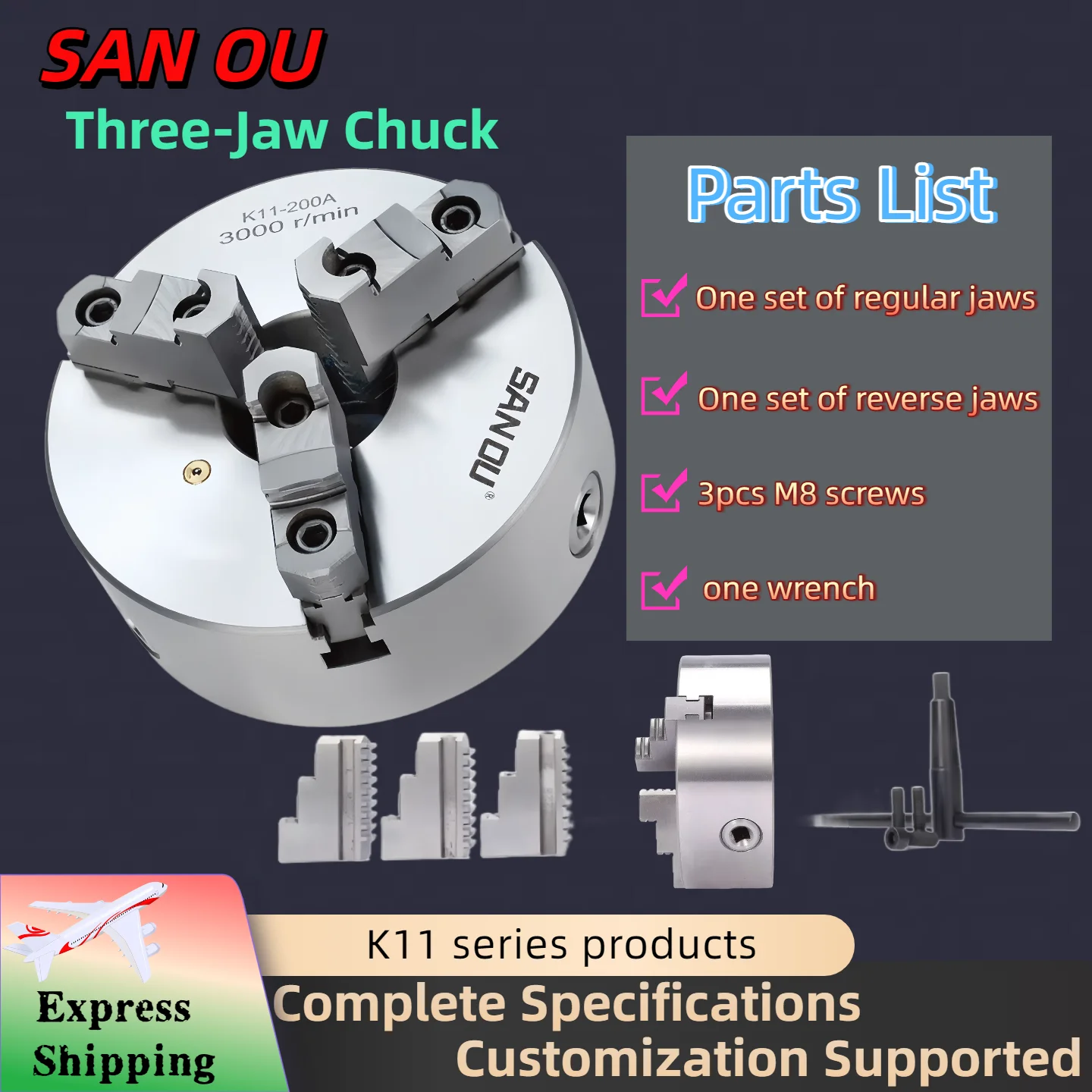 SANOU 80/100/125/130 3-Jaw Self-Centering Lathe Chuck - K11-100 Front Mount 3-Hole Manual Metal Chuck for Mini Lathe
