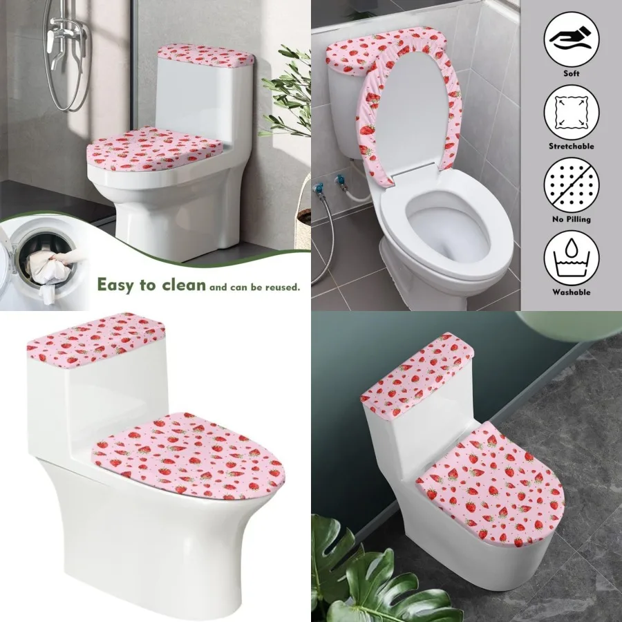 

Розовые клубничные наборы чехлов для унитаза из 2 предметов с эластичным краем для декора ванной комнаты, мультяшный дизайн клубники, милые ягоды с фруктами