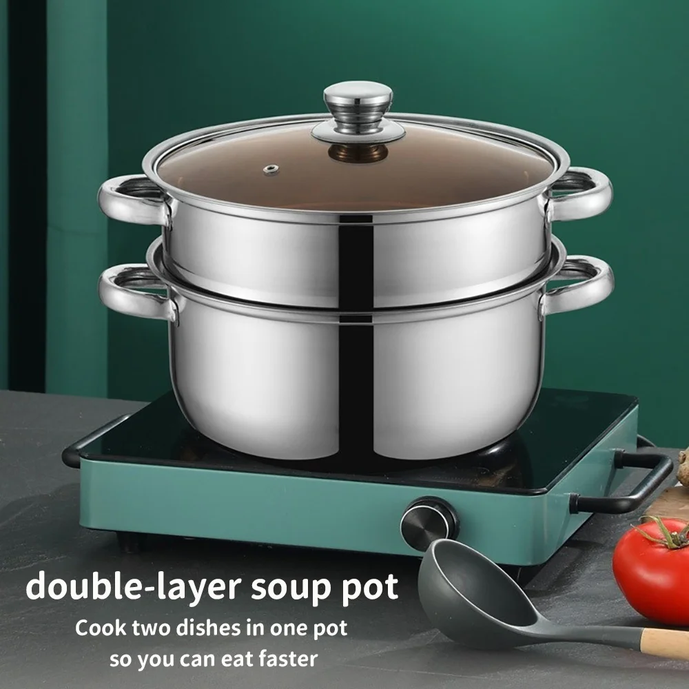 أدوات طبخ مقاومة للحرارة مقاس 9.45 بوصة، قدر بخاري كبير من الفولاذ المقاوم للصدأ وعاء حساء 2 في 1، مناسب للطباخ التعريفي