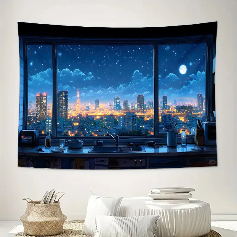 City Night Skyline Starry Window View Wall Tapestry Machine Washable All Season Decor Art Print Urban Landscape Design Home