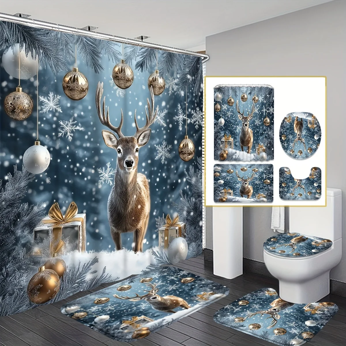 4Pcs Winter Xmas Bath Set, Shower Curtain with 12 Hooks, Non-Slip Mat, Toilet Seat & U-Shaped Cover