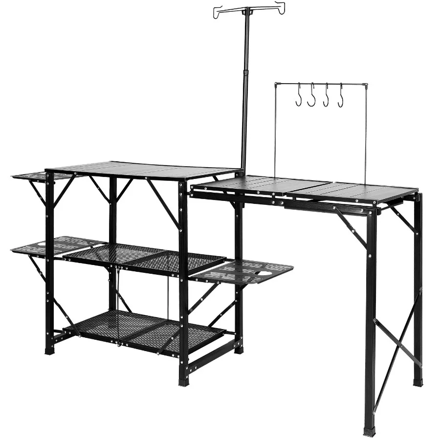 Mesa de cocina para acampar, estación de cocina portátil plegable de una sola pieza con bolsa de transporte, mesa larga de aluminio para acampar, 3 mesas auxiliares,
