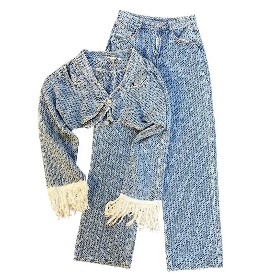 2024 Pant 2pcs Sets for Women Wide Leg Trousers Y2k  Pants Suits Korean Female Denim Coat Clothes New V-neck Jacket Crop Top