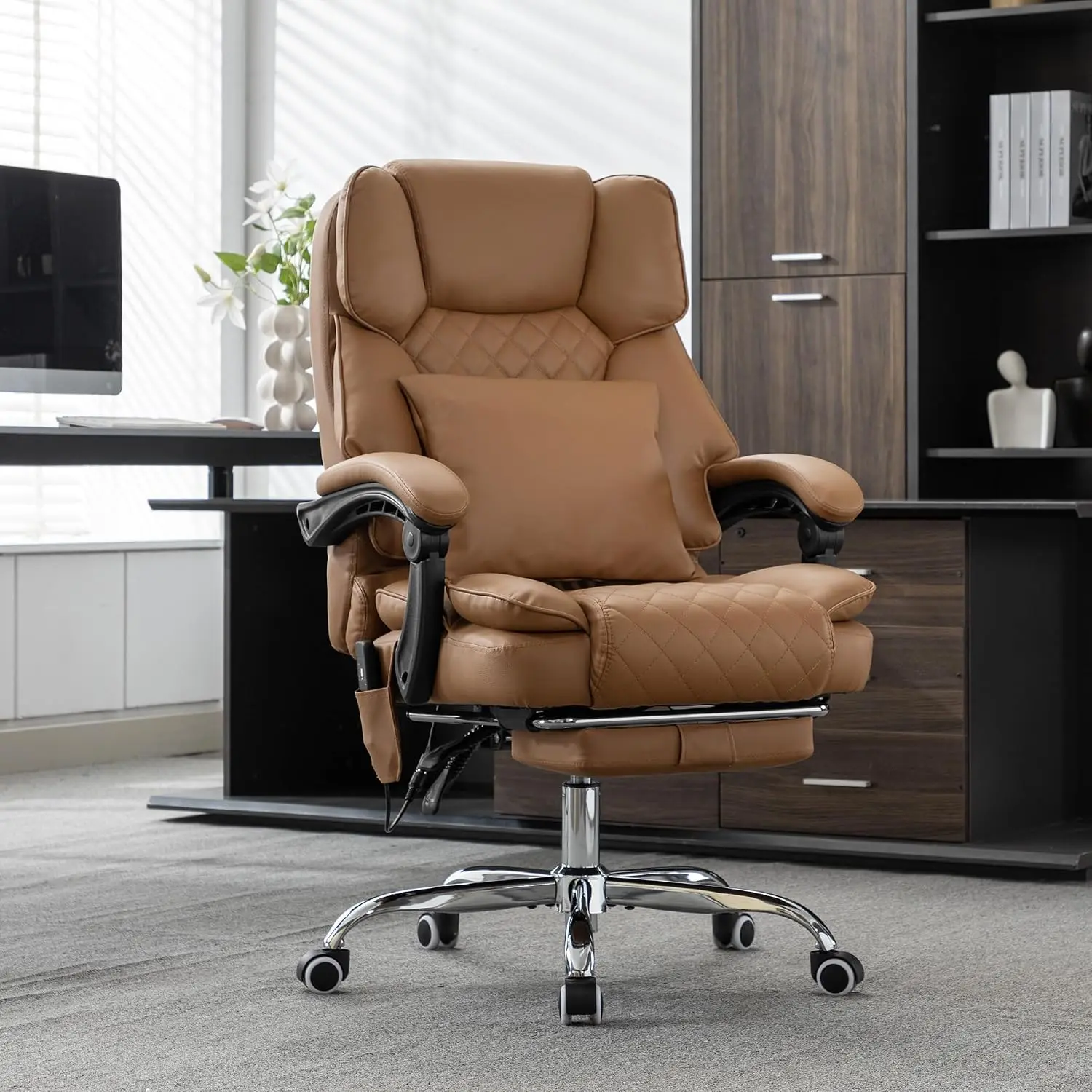 Kneading Massage Heated Executive Chair 90-135° Reclining Footrest Desk Chair Wheels Diamond-Stitched Leather, Customized