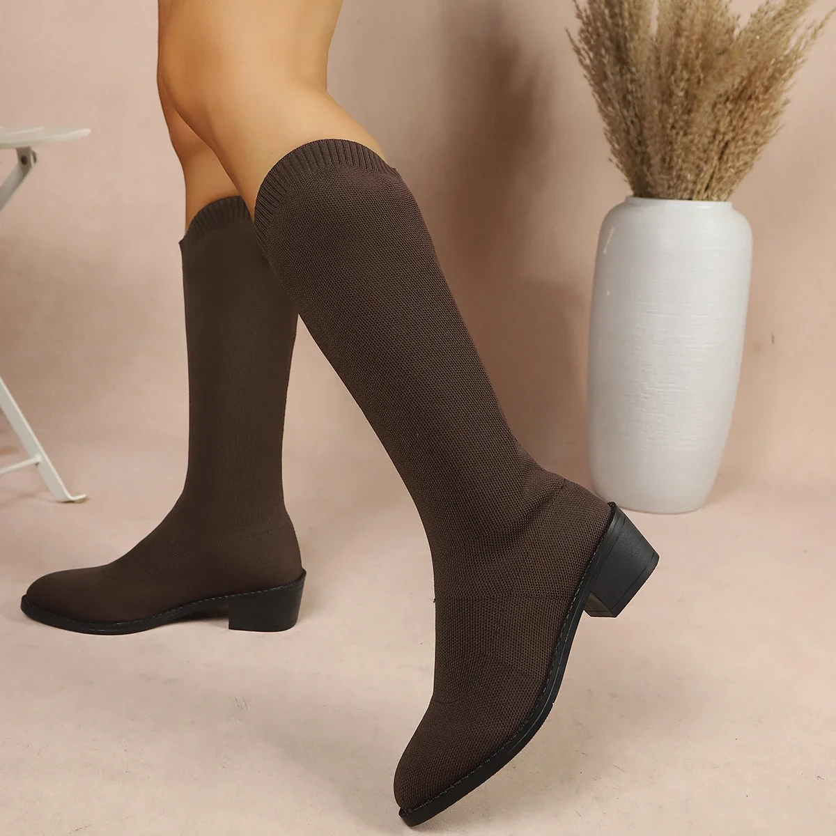 2026 Neue Winter-Stretch-Sockenstiefel, Kniehohe Stiefel für Damen, Dicke Sohle, Schlanke Form, Hoher Absatz, Große Größen, Runde Spitze, Damenstiefel – Detail 6