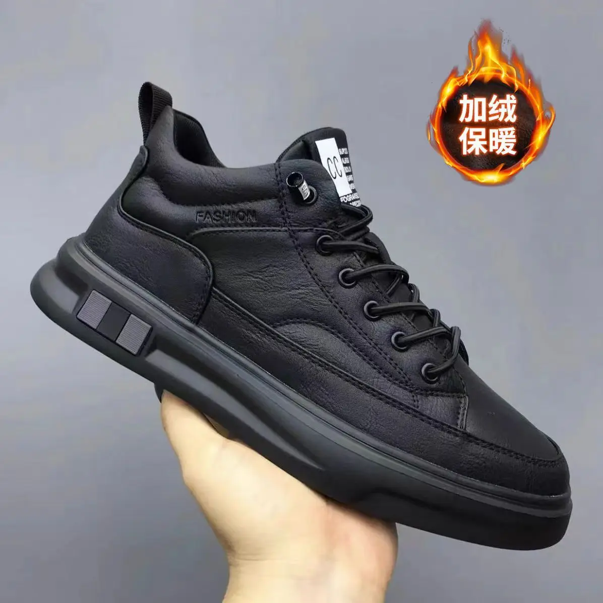 

Men Black Leather Sneakers 2026 Spring Mid Top Casual Shoes Trendy Slip On Loafers