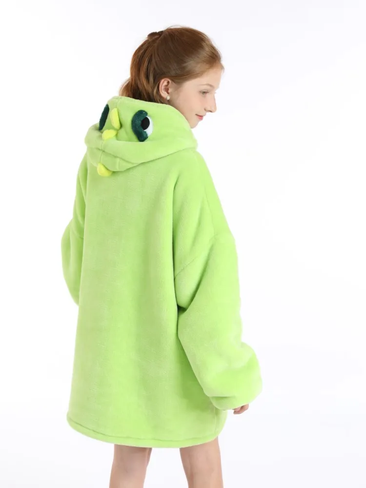 Boys and Girls Green Dinosaur Animal Kigurumi Oversized Hoodie Winter Warm Thick Fleece Sweatshirts Pullover Sherpa TV Blankets