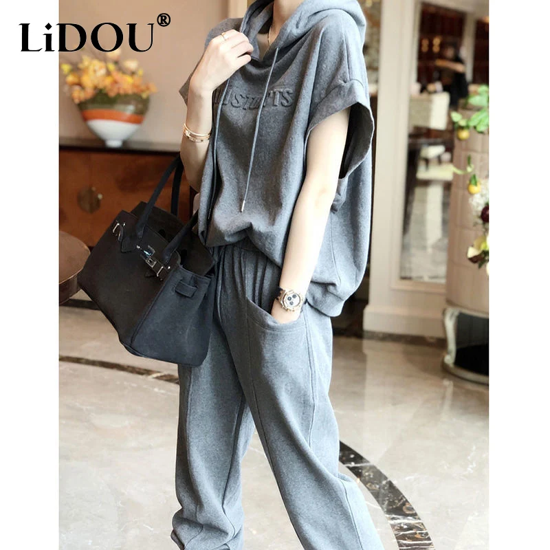 Summer Harajuku Y2K Solid Color Women\'s Set Round Neck Drawstring Batwing Sleeve Hoodies + Elastic Waist Pockets Casual Trousers