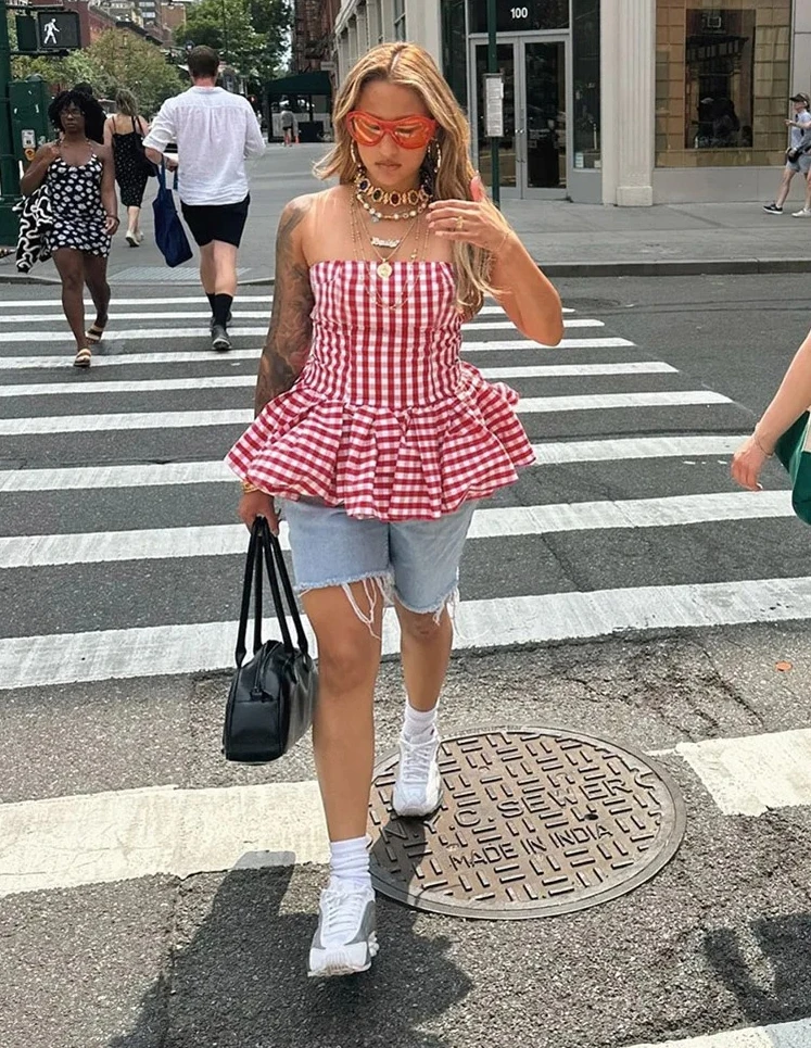 

Classic Plaid Women Tops Trend New Summer Strapless Ruffle A-line Body-shaping Tanks Mujer New Vintage Streetwear