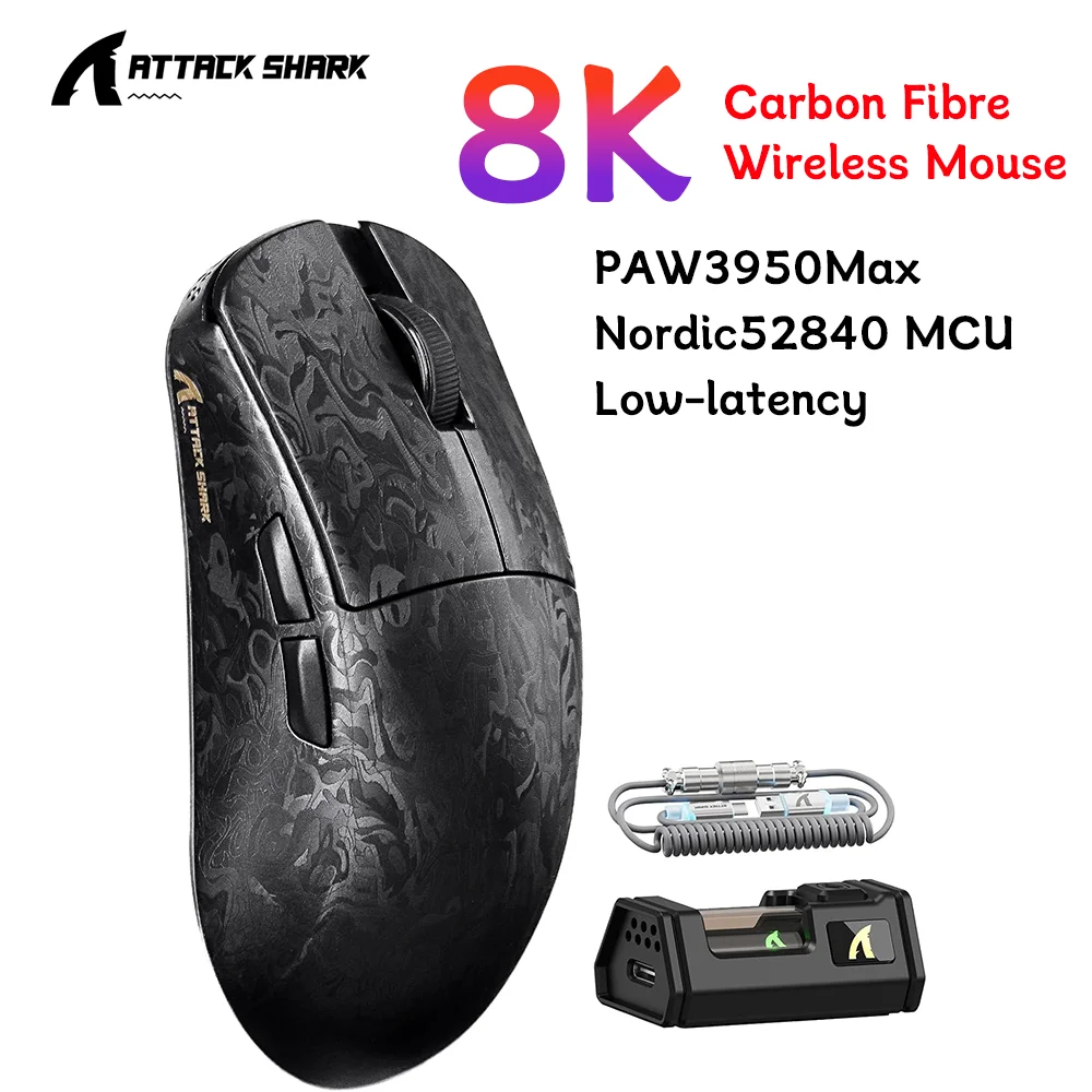 

8K Carbon Fiber Wireless Gaming Mouse, 42000 DPI, PAW3950 MAX Sensor, 49g Lightweight, Nordic 52840 MCU, ATTACK SHARK R11 Ultra