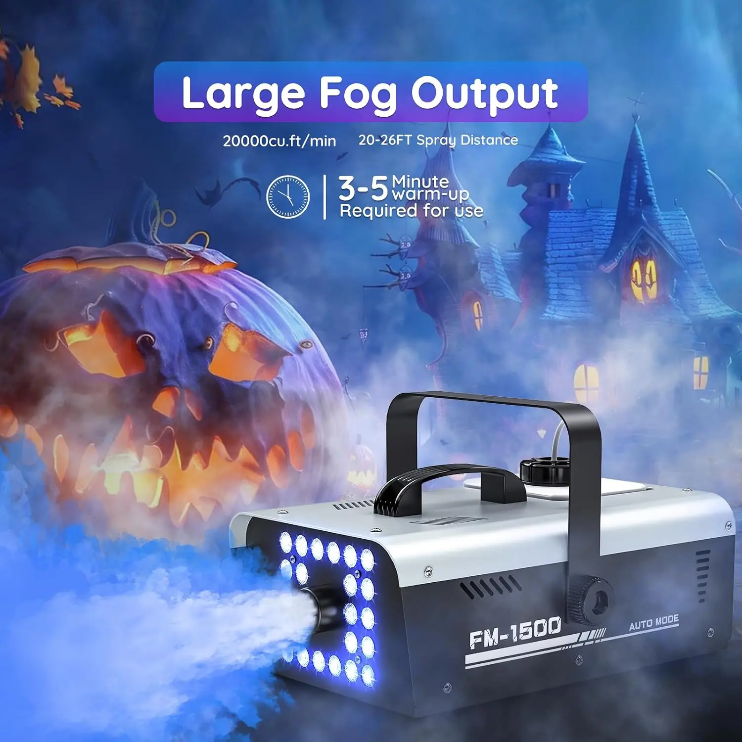 1500W Fog Machine Halloween Outdoor 20000 CFM Smoke Generator Indoor 24 LEDs Strobe Light Remote DJ Party Disco Stage Wedding