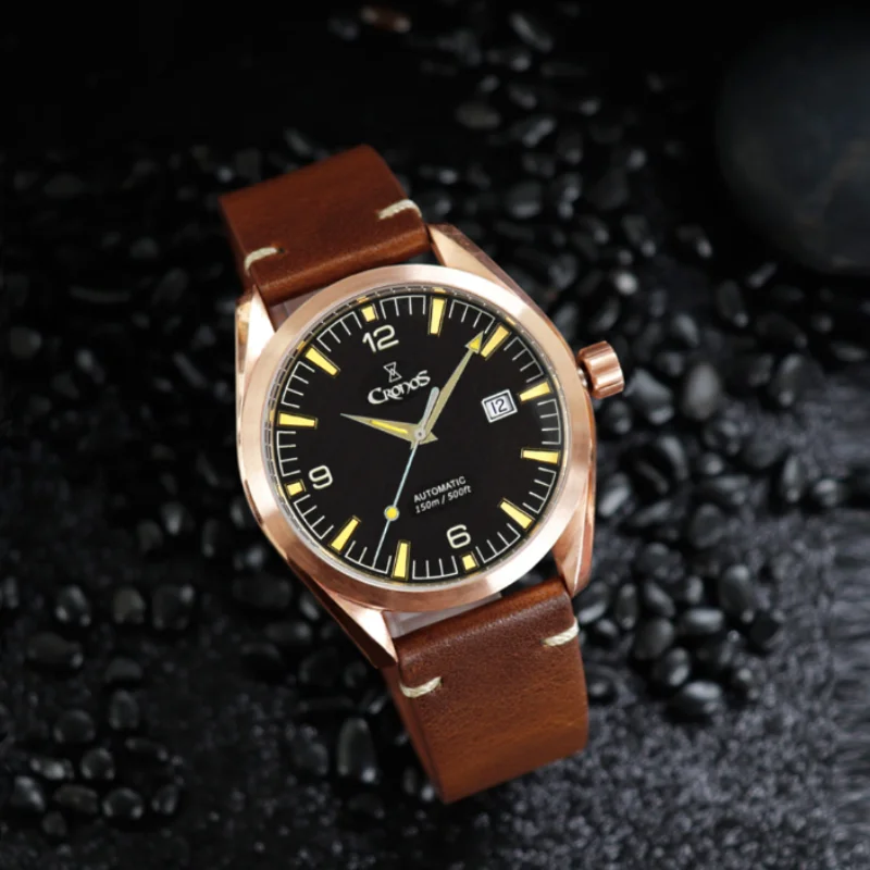 Cronos Men\'s Watches Bronze CuSn8 Automatic Man Watch PT5000/SW200 Movement / New Hands Sapphire Crystal Leather Rubber Strap