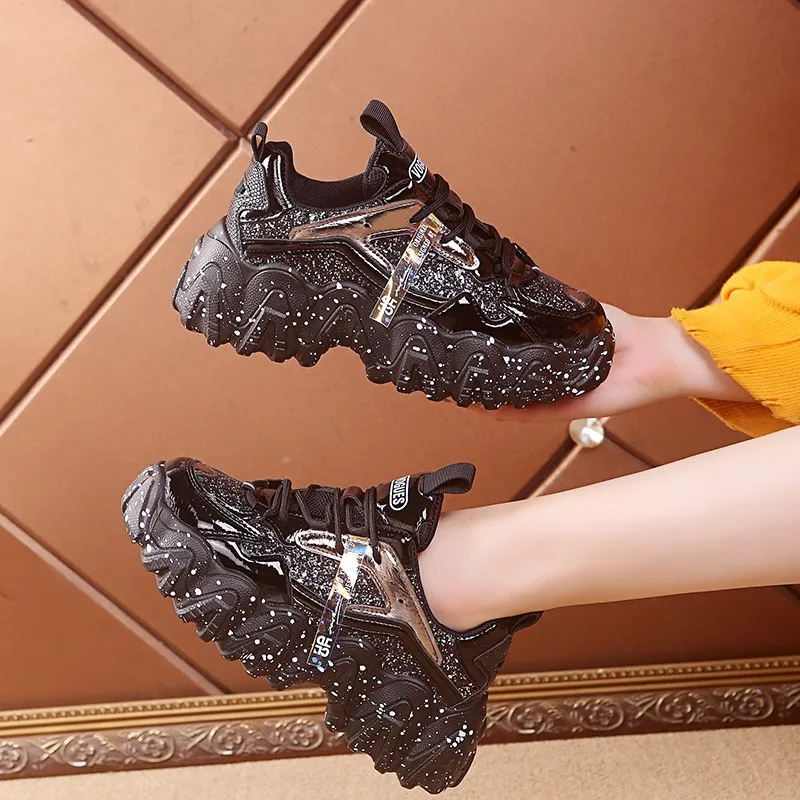 Kobiety grube podeszwie wysokość zwiększenie cekiny trampki kobiety 2023 nowa Chunky platforma wygodne Trend Sneakers Zapatos De Mujer