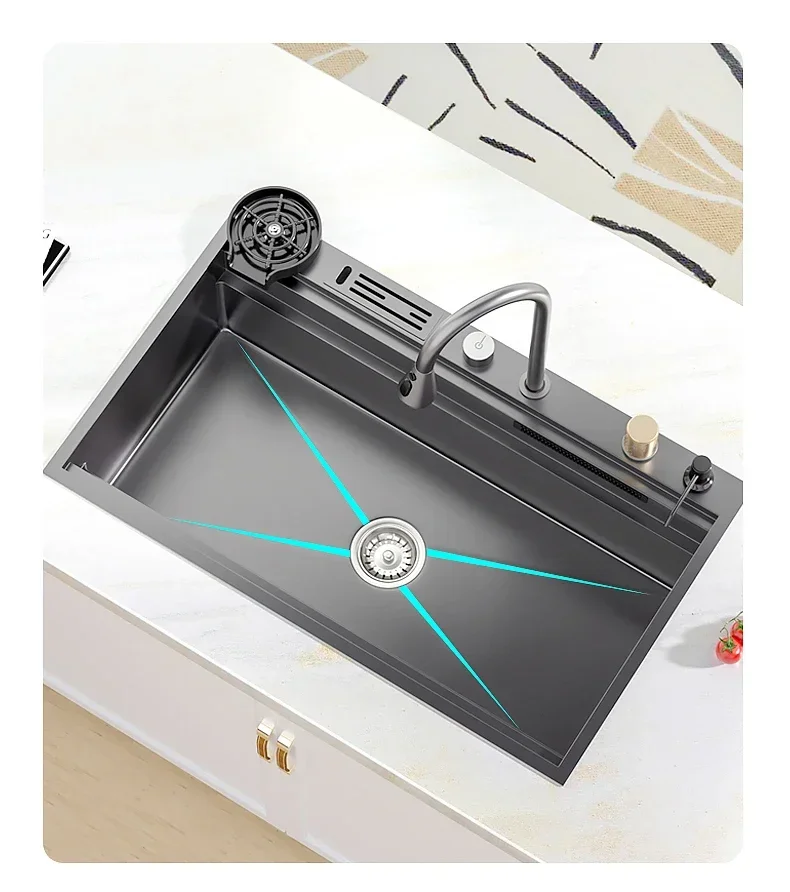 Lavello a cascata Cucina in acciaio inossidabile Lavaggio domestico Lavabo per verdure Lavello addensato manuale sotto il bancone Grande singolo