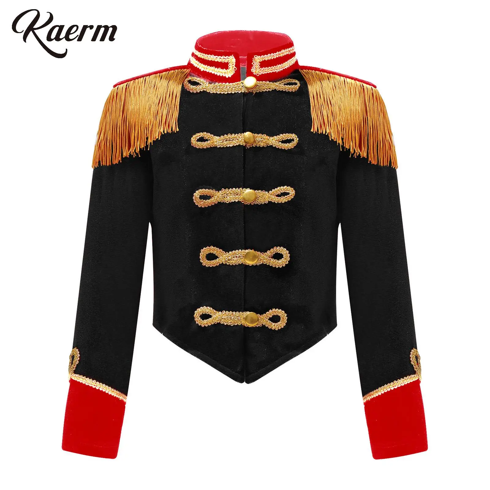 Kids Girls Circus Costume Stand Collar Long Sleeve Fringe Tassel Epaulet Tops Halloween Ringleader Drummer Cosplay Costume