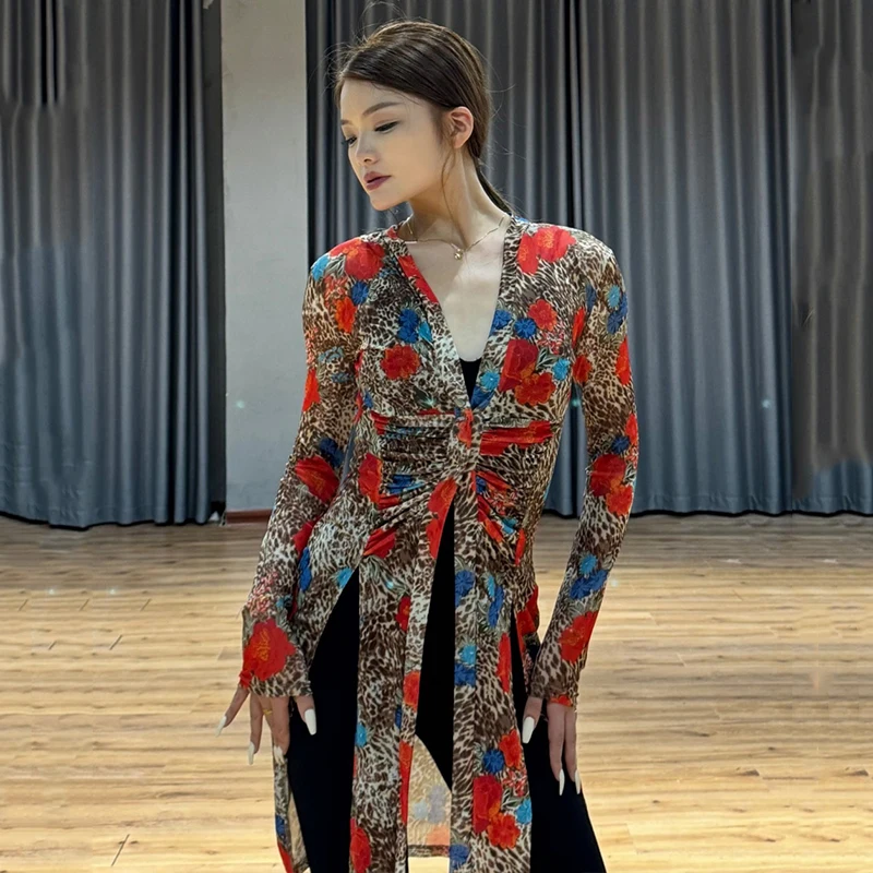 Vêtements de danse latine pour femmes, Cardigan léopard à manches longues, manteau Long fendu, Rumba, salle de bal, vêtements de pratique de danse, DNV23397