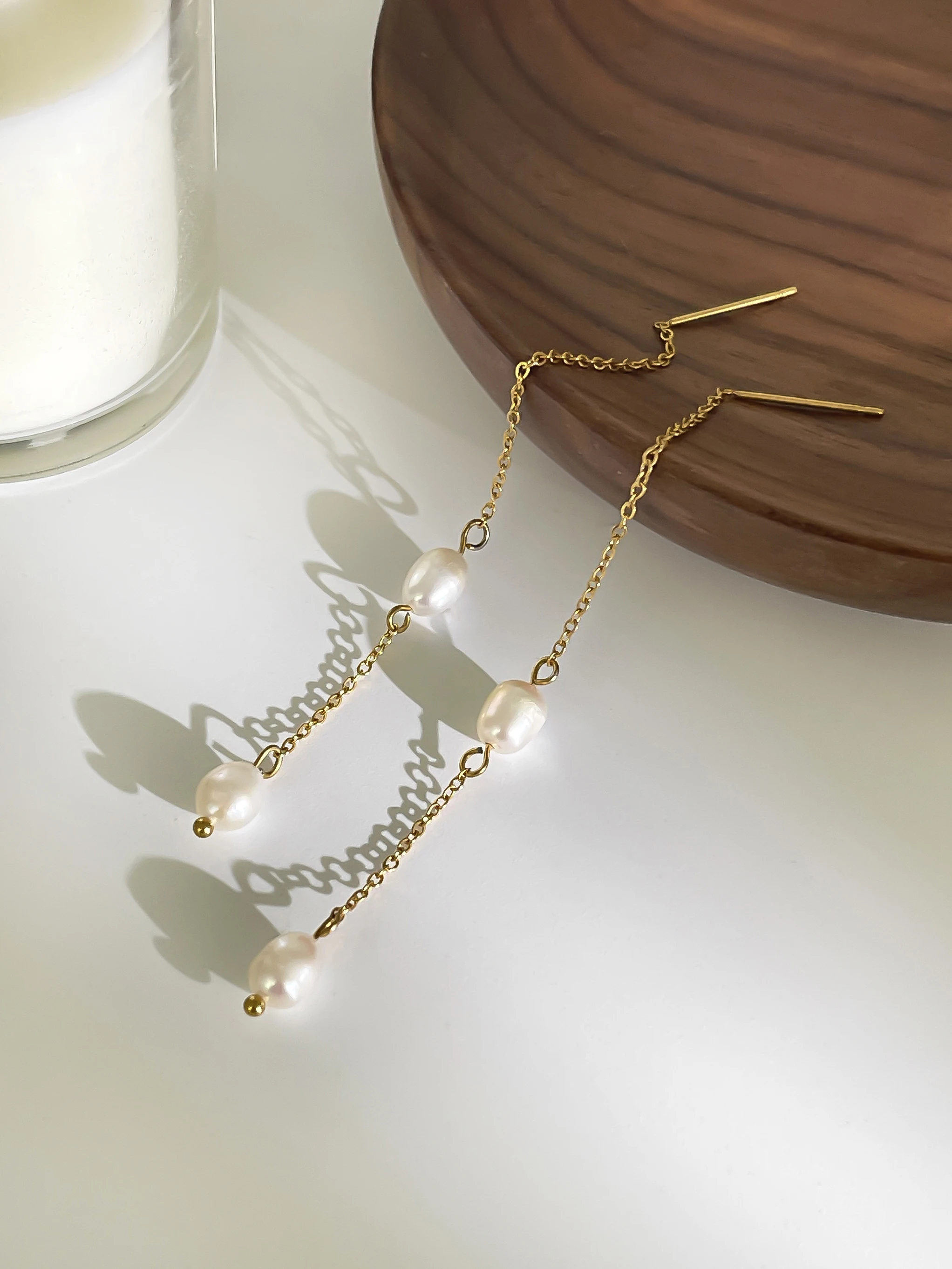 Peri\'sbox Stainless Steel Non Tarnish Long Chain Tassel Drop Earring for Women Natural Freshwater Pearl Temperament Girl Jewelry