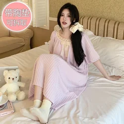 5XL Plus Size Women Pajamas with Chest Pads Summer Sweet Cloud Cotton Sleep Dress Princess Style Loungewear Can Be Worn Outside