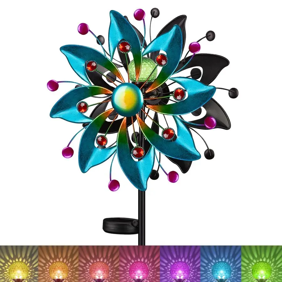 

Ветряные скульптуры для улицы, 58,8 дюймов, большие металлические кинетические ветряные скульптуры, работающие от солнечной энергии, с разноцветными светильниками, стеклянными шарами и вращением на 360 градусов.