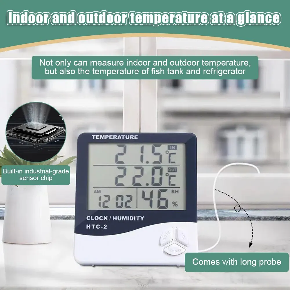 Oauee LCD Electronic Digital Temperature Humidity Meter Indoor Outdoor Thermometer Hygrometer Weather Station Clock HTC-1 HTC-2